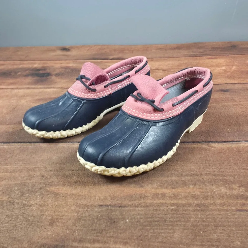 L.L. Bean Rubber Moc Shoes Womens Navy Pink Good Waterproof Duck Boots 7,5